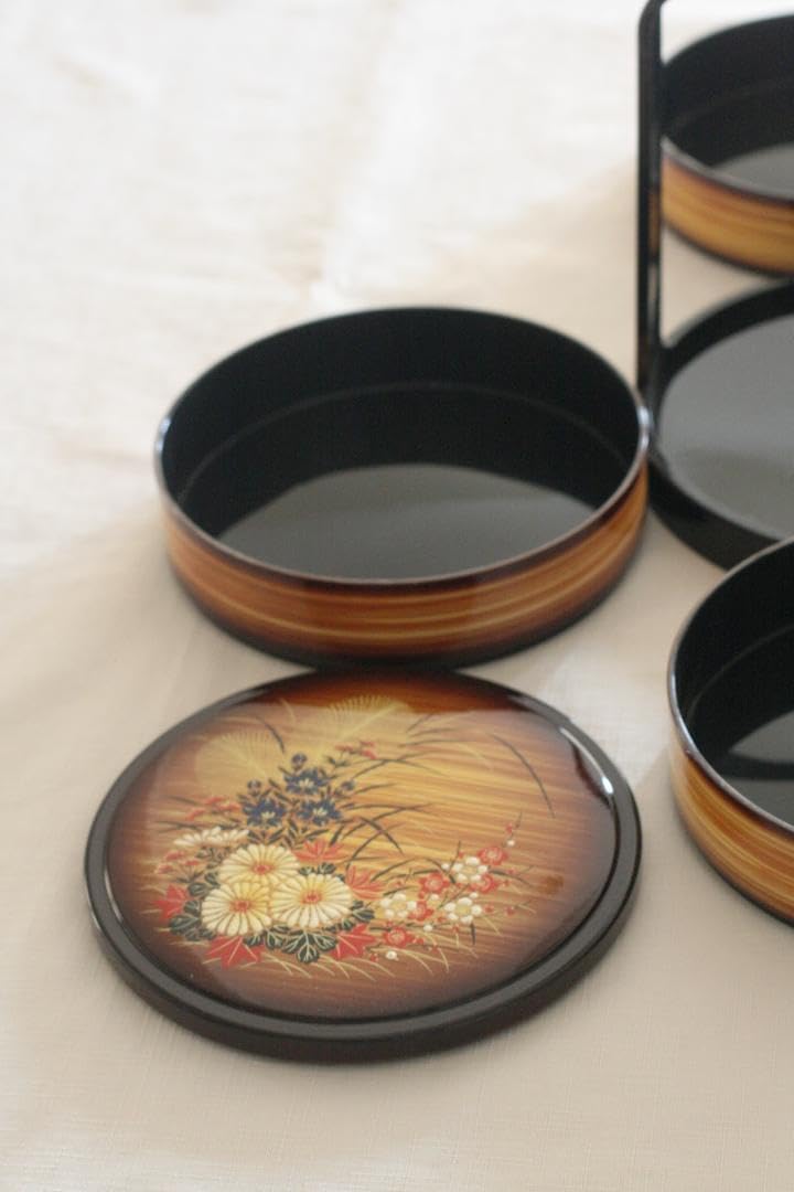 茶道具 輪島塗 三段重 黒 朱 松金 共箱 お重 重箱 公式】アンティーク